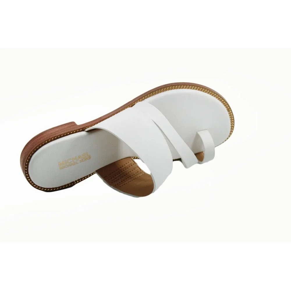 Michael Kors Womens Pratt White Leather Toe Ring Slide  Gold Bead Trim Size 5M
